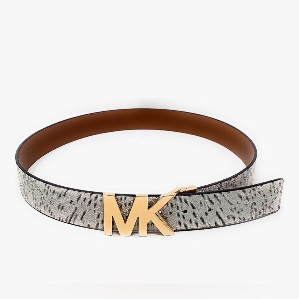Michael Kors Signature Beige 1.25 Inch Logo Belt with Reversible MK Logo Plaque - Picture 4 of 6